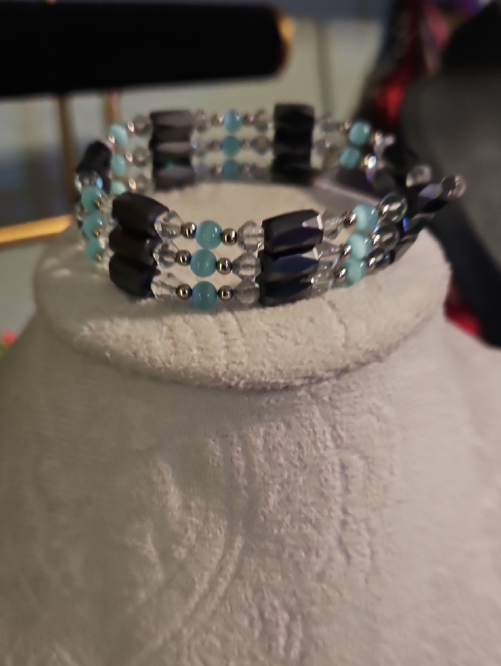 Aqua and Black Beaded Wrap Bracelet